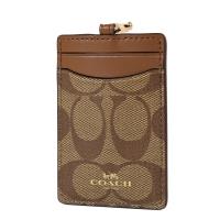 COACH 緹花LOGO防刮皮革識別證掛帶票卡夾-棕色