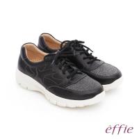 effie 輕量抗震 真皮金蔥布面綁帶奈米休閒鞋- 黑
