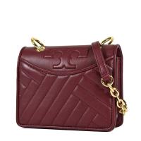 TORY BURCH 衍縫格紋小羊皮翻蓋鏈帶斜背包-酒紅色/迷你款