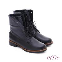 effie 混搭美型 異材質拼接綁帶中筒靴- 黑