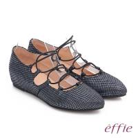 effie 都會舒適 絨面羊皮金箔內增高綁帶鞋- 藍