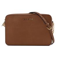 MICHAEL KORS 金字LOGO防刮皮革鍊帶斜背方包-焦糖色