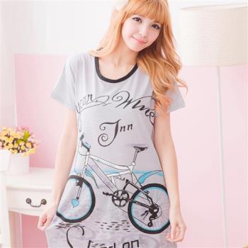 lingling日系 腳踏車圖案T恤連身睡衣(俏麗黑,全尺碼)