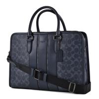 COACH 男款 緹花LOGO防刮皮革手提/斜背二用電腦公事包-單寧藍