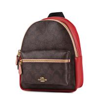 COACH 拚色緹花LOGO防刮皮革真皮後背包-咖啡色/紅色