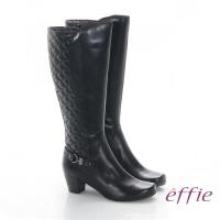 effie 魅力時尚 真皮後側拼接菱格中跟長靴- 黑