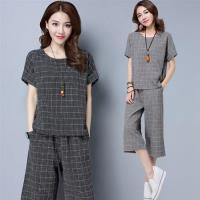 【KVOLL】棉麻格子短袖七分闊腿褲兩件套裝L-5XL(共兩色)