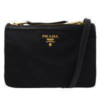 PRADA 1BH046 浮雕LOGO尼龍帆布雙層雙拉鍊斜背包.黑色