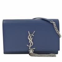 YSL 452159 KATE 流蘇全牛皮銀鍊兩用包.藍色