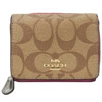 COACH 立體馬車緹花拼接防刮三折拉鍊短夾(卡其洋紅)