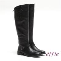 effie 城市漫遊 全真皮側邊綁帶低跟長靴- 黑