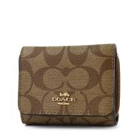 COACH 緹花LOGO防刮皮革三折零錢袋短夾-焦糖色