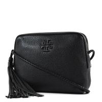TORY BURCH 皮雕LOGO編織背帶流蘇拉鍊斜背相機包-黑色