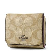 COACH 緹花LOGO防刮皮革三折零錢袋短夾-康乃馨粉