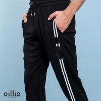 oillio 歐洲貴族 男裝 休閒縮口修身長褲 右褲管條紋 彈力棉衣料 黑色-男款 休閒運動褲子 吸濕排汗 不悶熱 舒適好穿 透氣彈力 精品服裝