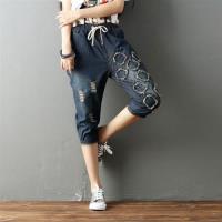 【Keer】鬆緊腰繫帶破洞手工繡花牛仔褲L-XL