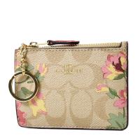 COACH 緹花LOGO鳶尾花防刮皮革證件鑰匙零錢包-淡卡其色