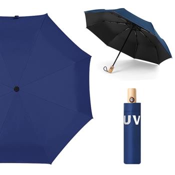 幸福揚邑 降溫抗UV防風防撥水大傘面全自動開收木柄晴雨摺疊傘-深藍