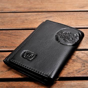 H-CT Wild Tribe系列顯卡式零錢包設計龍紋浮雕真皮口袋夾/黑(WT513BD)
