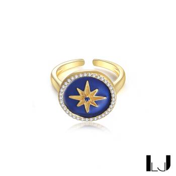 Little Joys 旅美原創設計 六芒星羅盤925銀鍍金戒指-寶石藍