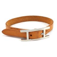HERMES L刻印-銀色H扣駝色牛皮手環 (展示品)