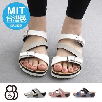 【88%】涼拖鞋-MIT台灣製 扣環造型 簡約皮質拼接布面鞋面 楔型一字拖鞋