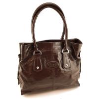 TODS 巧克力色亮面牛皮肩背束口托特包 (展示品)