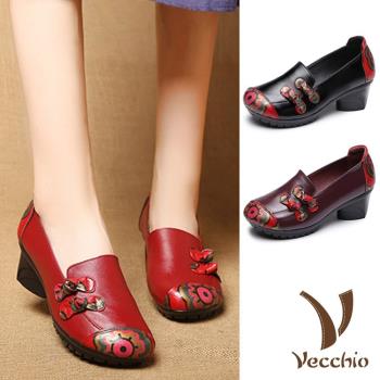 【Vecchio】真皮頭層牛皮民族風印花典雅傳統服飾蝴蝶結造型粗跟鞋(3色任選)