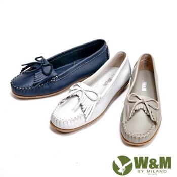 W&M 可水洗舒適柔軟蝴蝶結流蘇平底 女鞋(3色)-米灰、灰、藍