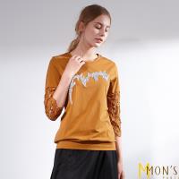 MONS立體電繡7分蕾絲袖彈性棉質上衣