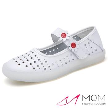 【MOM】真皮舒適輕量縷空洞洞透氣果凍軟底護士鞋(白)