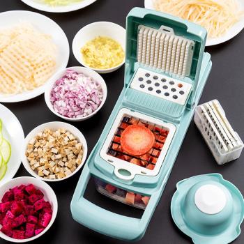 PUSH!廚房用品多功能切壓丁切條濾蛋清馬鈴薯絲手壓切菜器D191藍色