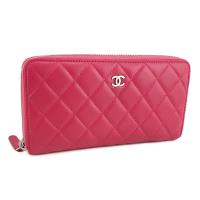 CHANEL 桃紅色菱格紋羊皮銀扣八卡拉鍊長夾(展示品)