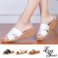 【LOVE FOOT 樂芙】真皮個性魚口縷空時尚坡跟平底拖鞋 (4色任選)