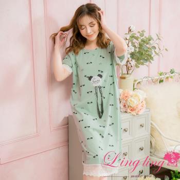 【lingling日系】全尺碼-小圖緞帶縷肩下擺蕾絲孕婦棉質短袖連身睡衣(溫和豆綠)A4105