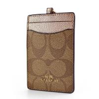 COACH 緹花LOGO防刮皮革識別證掛帶票卡夾-棕/香檳金