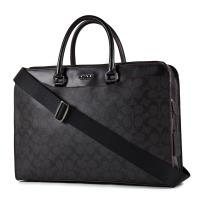 COACH 男款 緹花LOGO滾色邊防刮皮革手提/斜背二用電腦公事包-黑色