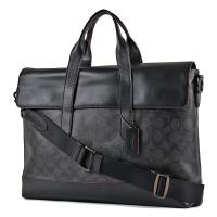 COACH 男款 緹花LOGO防刮皮革翻蓋磁吸手提/斜背二用公事包-黑色