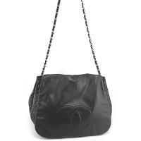 CHANEL 黑色荔枝牛皮大雙C LOGO肩背斜背兩用大馬鞍包(展示品)