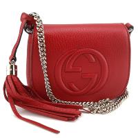 GUCCI 紅色荔枝牛皮大雙G金鍊迷你斜背SOHO流蘇包(展示品)