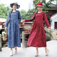 【維拉森林】復古溫婉圓領棉麻碎花洋裝M-2XL(共二色)