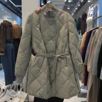 【米蘭精品】舖棉外套中長版夾克-立領純色綁帶收腰女外套4色73wd46