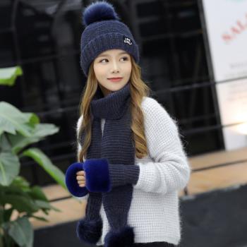 Acorn*橡果-韓系針織保暖加厚毛帽+圍巾+手套1802(三件組-藍色)