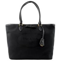 PRADA 1BG158 復古大LOGO帆布皮飾邊肩背托特包.黑