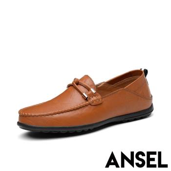 【Ansel】兩穿法真皮舒適手工縫線一字勾繩造型休閒豆豆鞋 棕