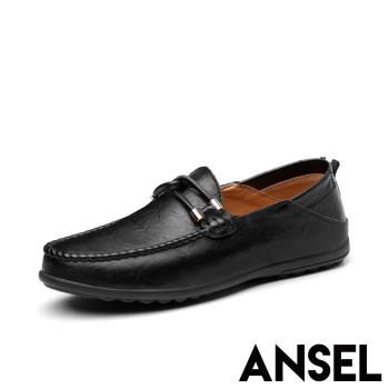 【Ansel】兩穿法真皮舒適手工縫線一字勾繩造型休閒豆豆鞋 黑