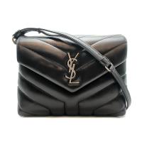 【YSL】Loulou系列 V字縫線 銀字牛皮斜背包(467072-黑)