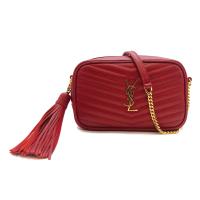 【YSL】荔枝牛皮金Logo拉鍊斜背包(585040-紅)