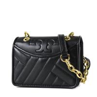 TORY BURCH 小羊皮幾何格紋鏈帶翻蓋斜背包-黑色/迷你款