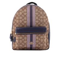 COACH 緹花布+皮革條紋後背包(卡其/紫色) F68034 IMPUP